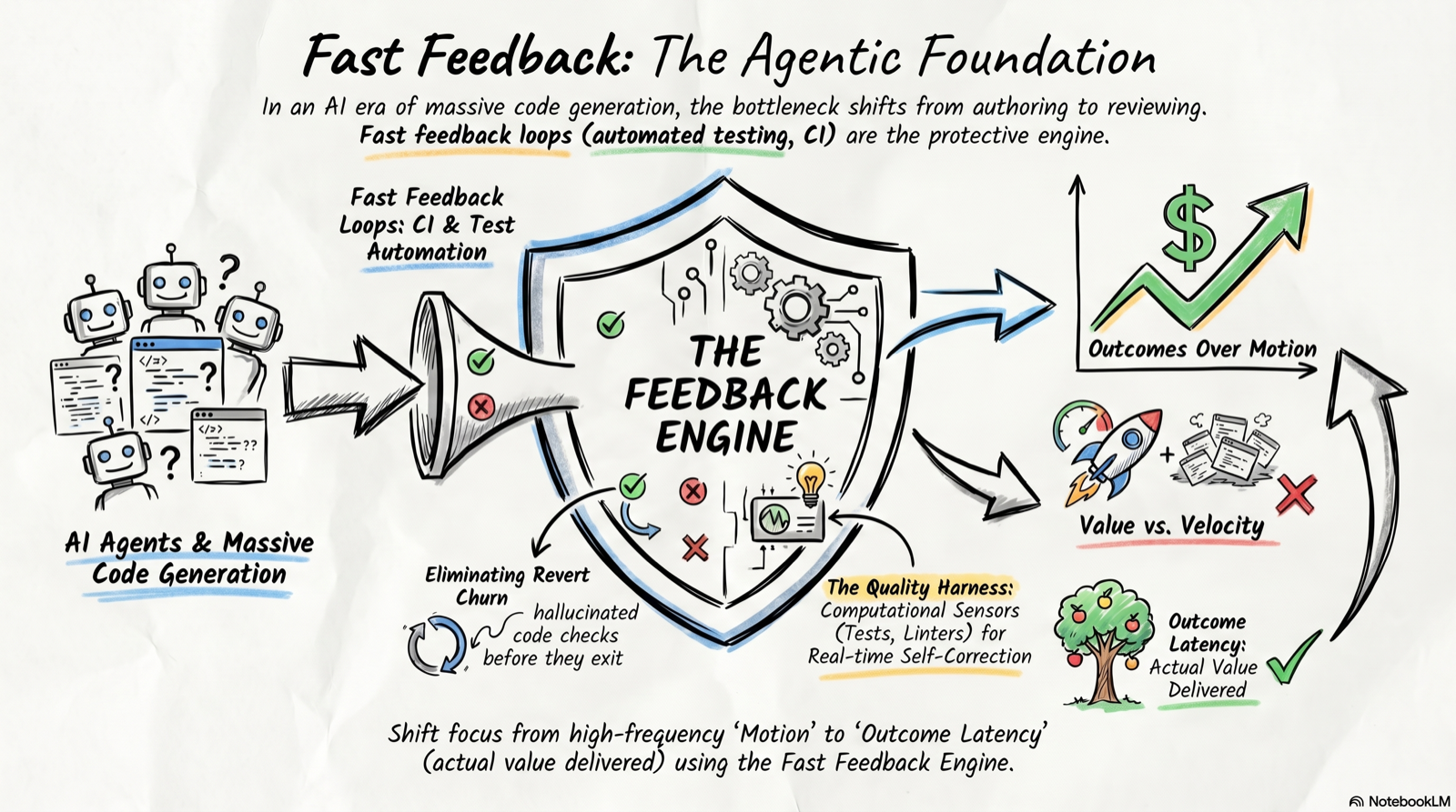 Fast feedback as the agentic foundation: AI agents and massive code generation flow through fast feedback loops (CI and test automation) - the feedback engine - to deliver outcomes over motion and real value, not just velocity.